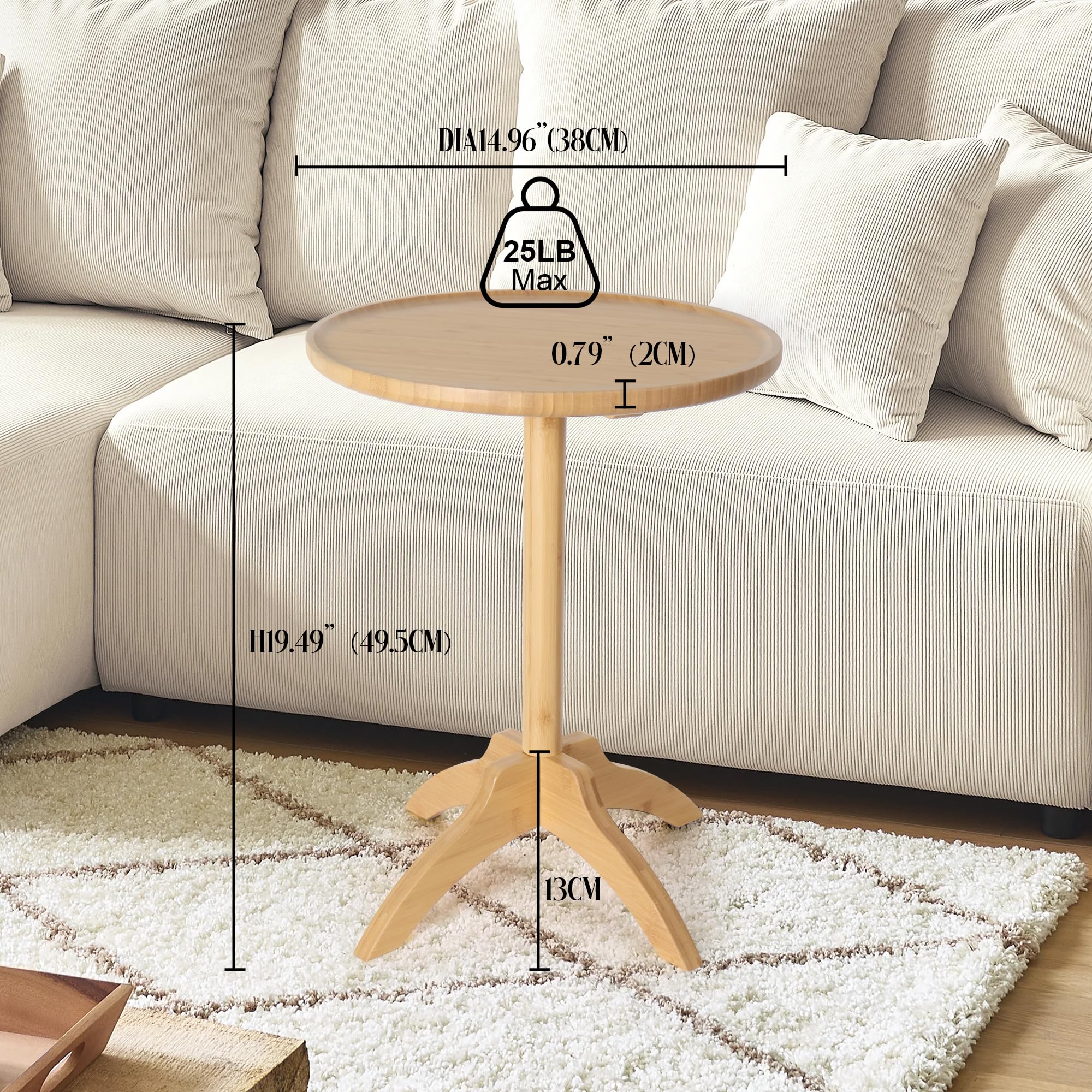 Oakrain Small Side Table, Drink Table, Martini Table, Small Round End Table, Natural (Dia14.96'' x H19.48'')