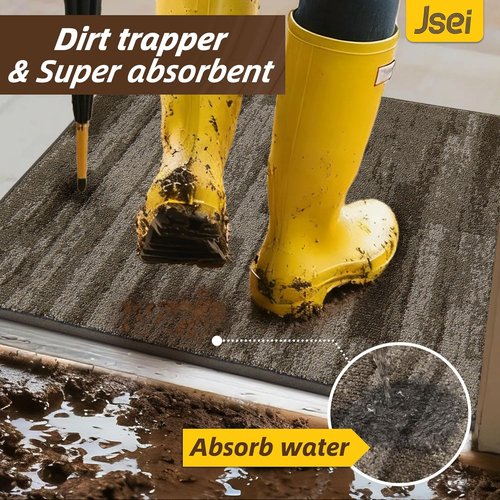 JSEI Dirt Trapper Door Mat - Non-Slip, Washable Entryway Mat | 24"x36" | Absorbent Brown for Wet Shoes & Paws