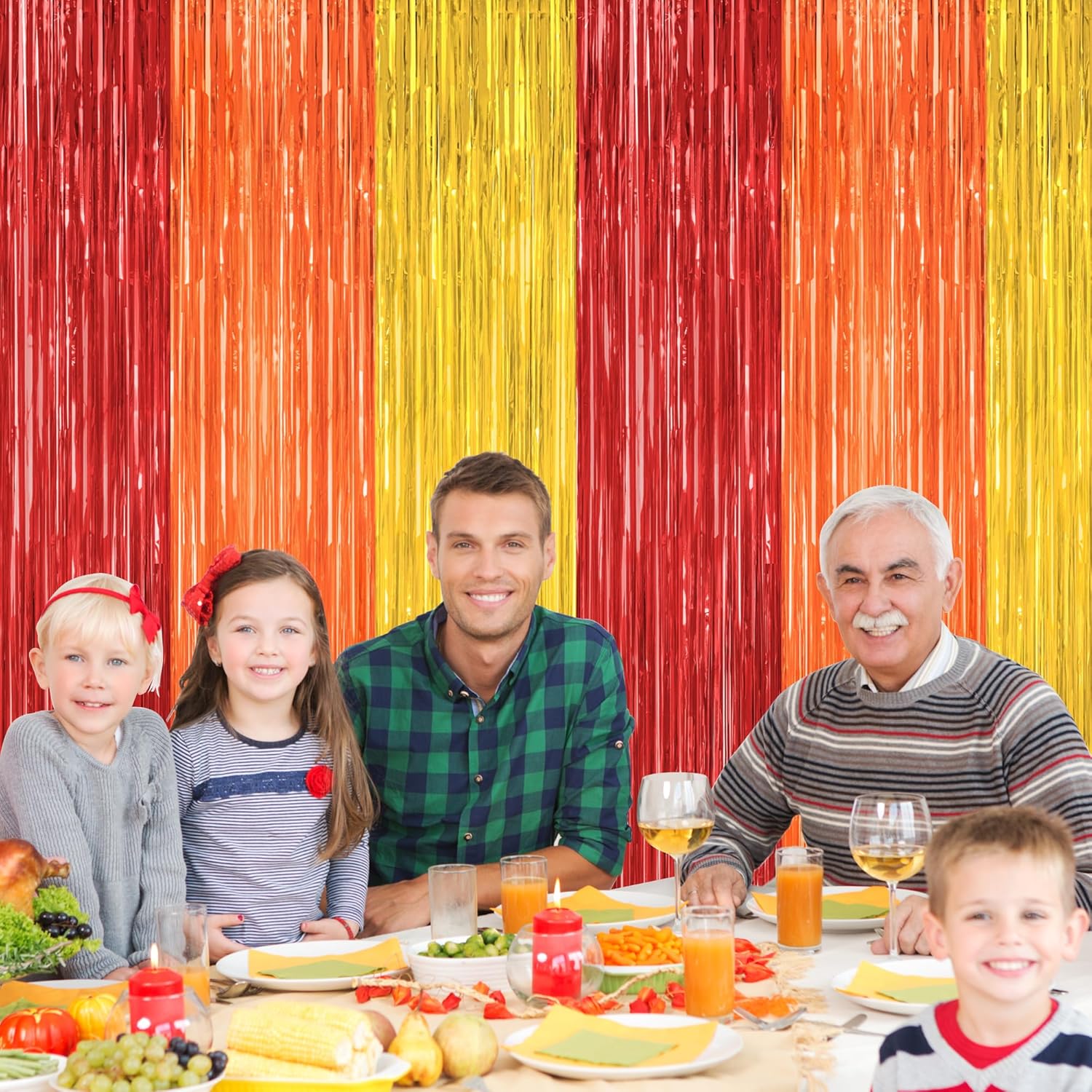 Skiennix Thanksgiving Backdrop - 2 Pack Metallic Fringe Curtains | 3.28 FT x 7.05 FT Red, Orange, Gold Decor