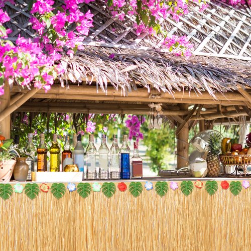 Aodaer 4 Pack Grass Table Skirt Hawaiian 108 x 30 Inch Straw Luau Table Skirt Hawaiian-themed Party Decoration for Tropical Hawaii, Summer Theme Decorations Supplies