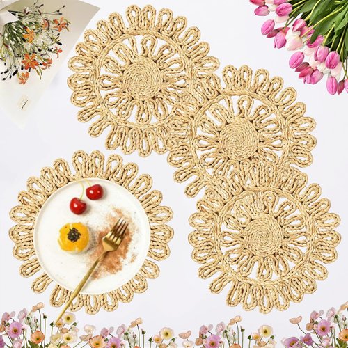 IcosaMro Round Woven Placemats for Dining Table Set of 4 11 Inch Small Natural Braided Rattan Tablemat Hollow Wicker Charger Plates for Holiday Thanksgiving Christmas Kitchen Table Mat, Beige