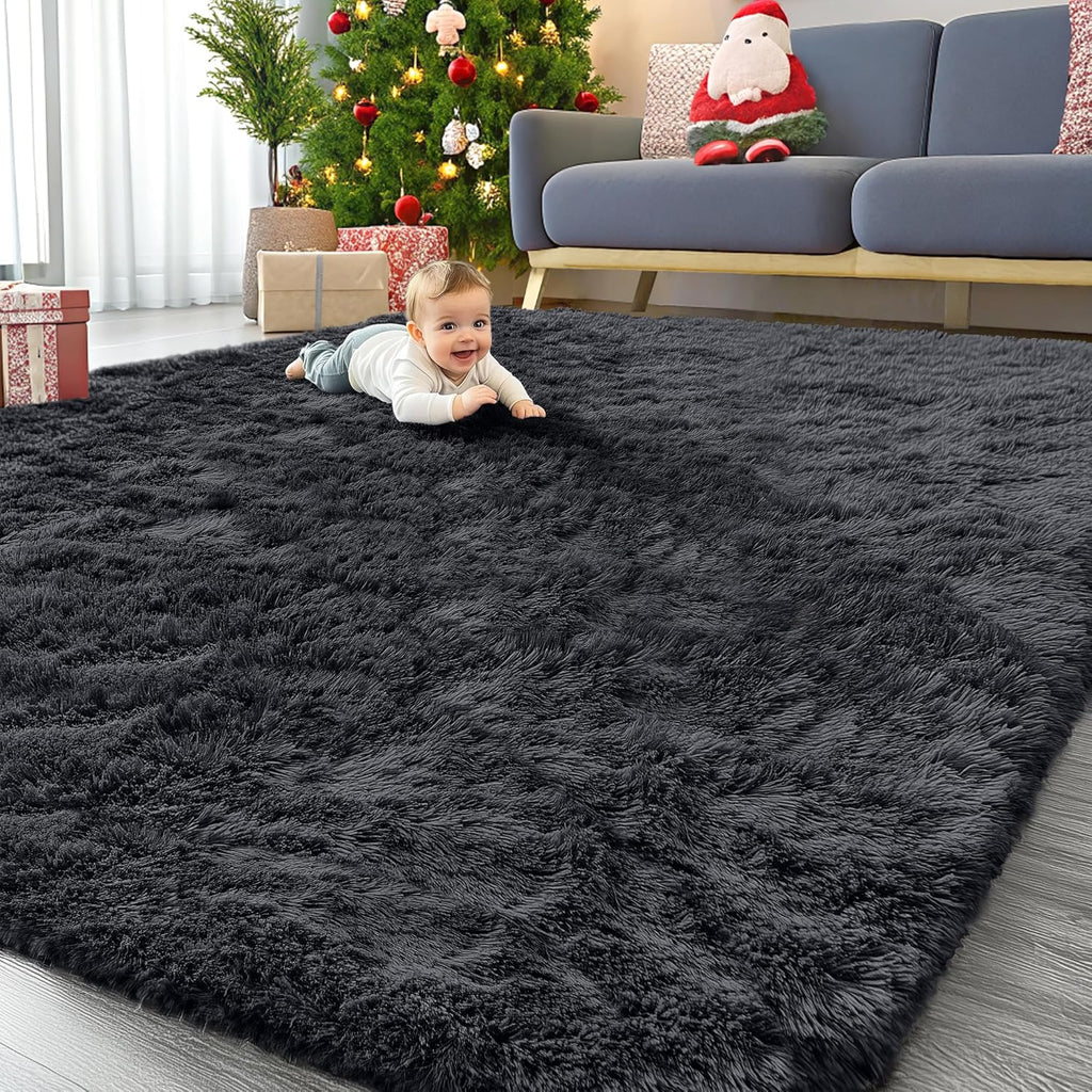 OLANLY Large Machine Washable Area Rug - Soft Fluffy Shaggy Carpet for Living Room & Bedroom | Black