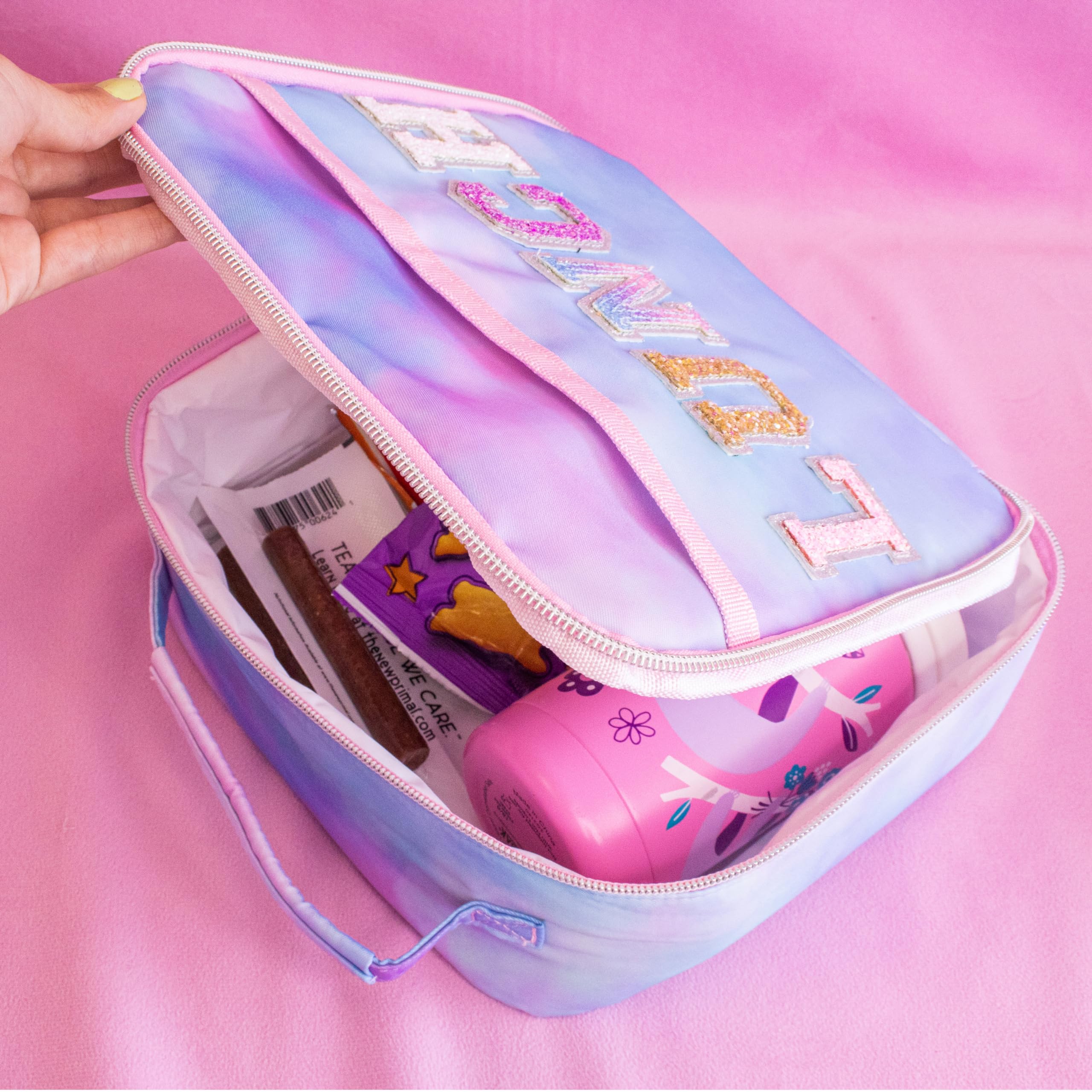 FROG SAC Kids Lunch Bag for Girls, Reusable Insulated Preppy Tie Dye Glitter Varsity Letter Patch Lunch Box for Kids, Cute Soft Back to School Tween Lunchbox, Christmas Girl Stocking Stuffers