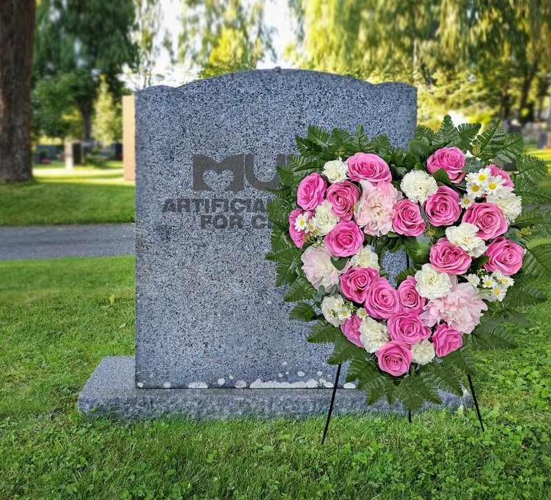 MUVIC Cemetery Flower Wreaths for Grave Decorations- Elegant Remembrance Standing Heart,Memorial Floral with Easel Stand,Pink Hibiscus Rose Carnation Daisy-27 Inch