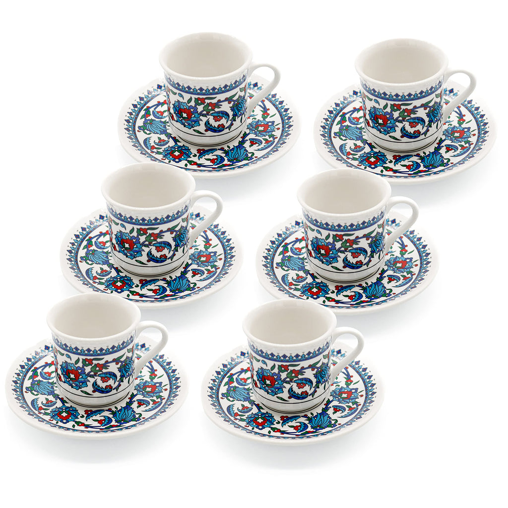 SANTA MARLA Turkish Coffee Cup Set of 6 with Saucers & Holder – Ceramic, Dishwasher-Safe, Keeps Warm – Patterned Turkish Espresso Cups Set for Home & Office (Set Of 6)