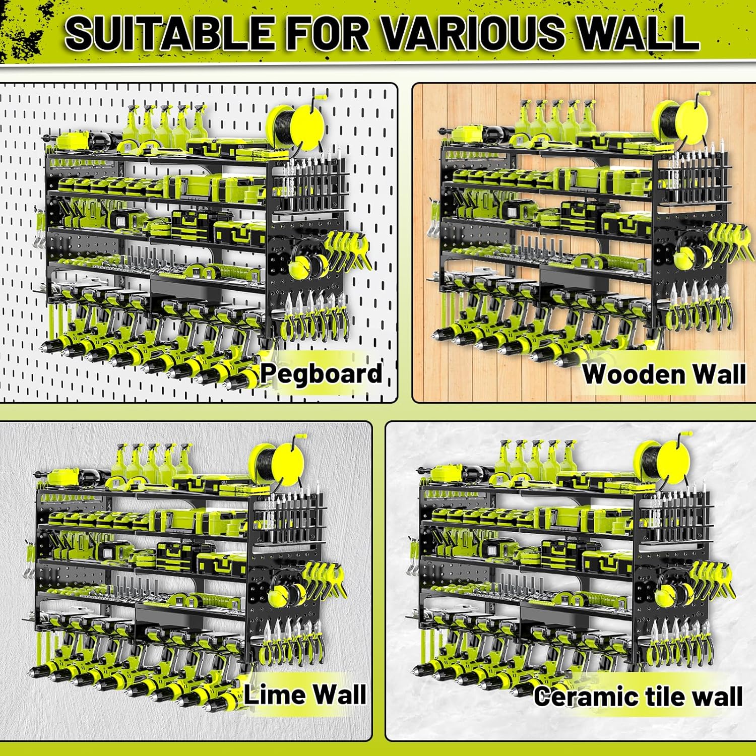 Skiennix Power Tool Organizer - Heavy-Duty Wall Mount Storage Rack with 8 Drill Holders | Black