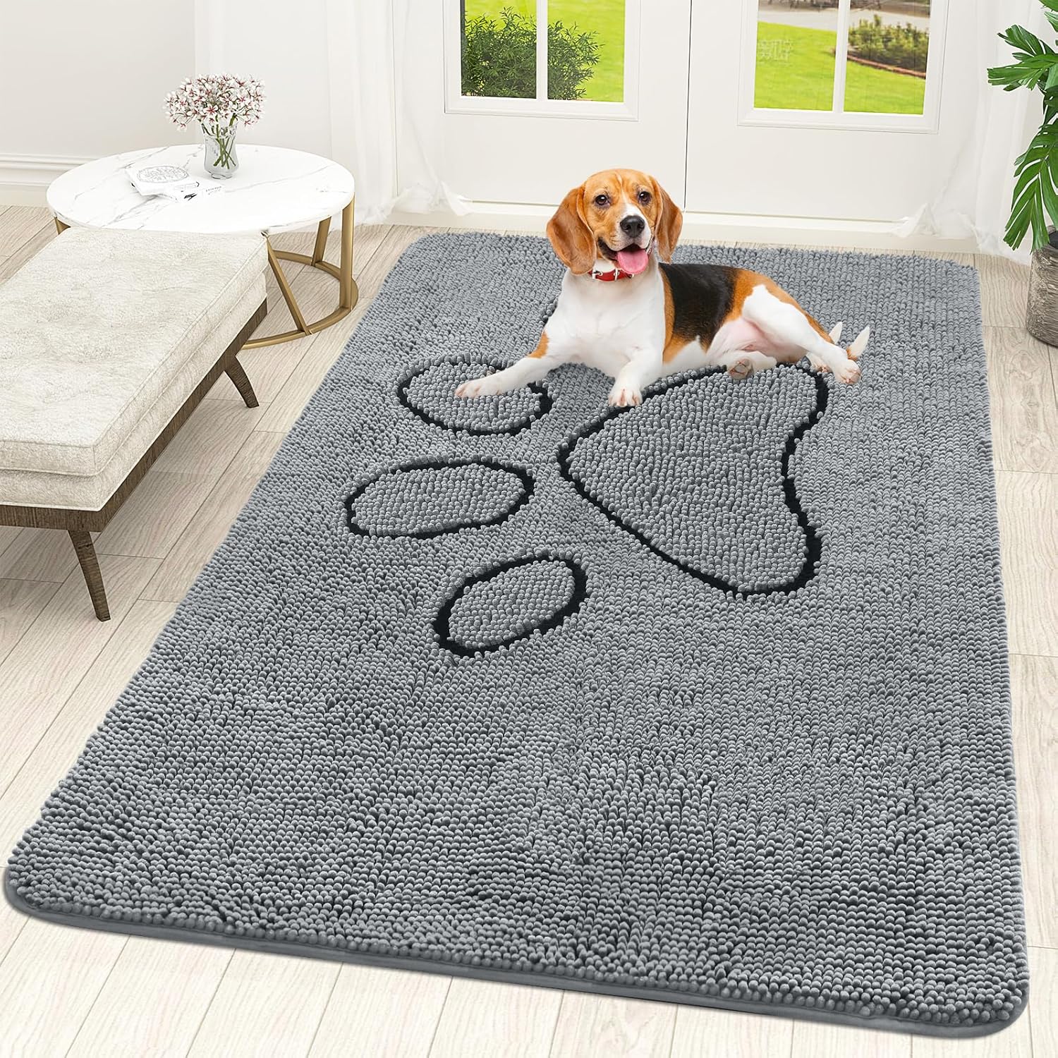 OLANLY Dog Door Mat - Absorbent Non-Slip Muddy Paws Design | Quick Dry Chenille 70x46 Grey Doormat