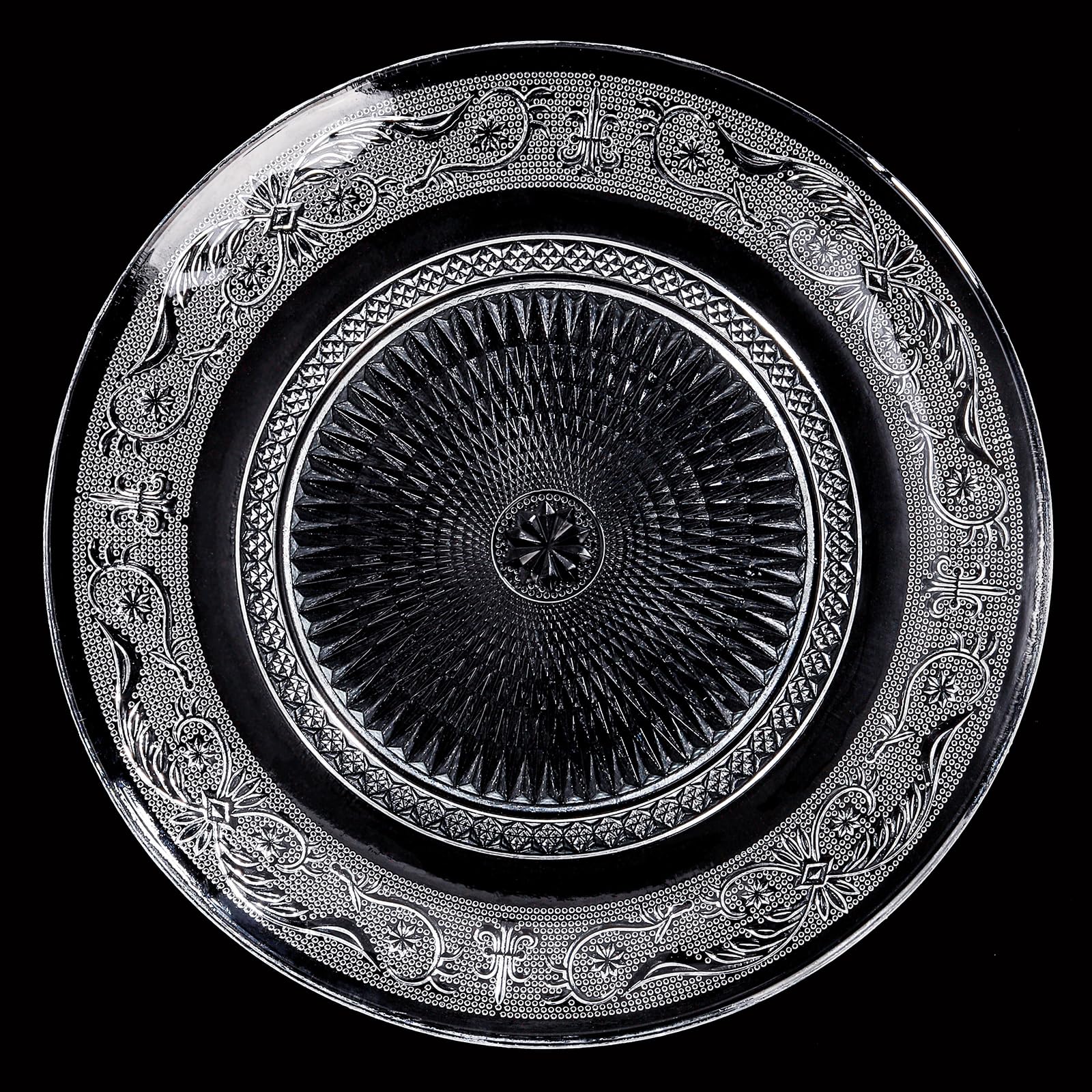 Elsjoy 6 Pack 10 Inch Large Glass Dinner Plate, Clear Round Serving Plate Vintage Embossed Dinnerware for Salad, Pasta, Fruits