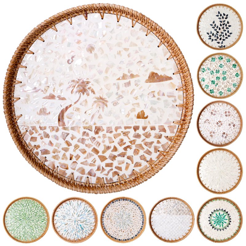 Round Rattan Tray with Mother of Pearl Inlay & Wooden Base - Decorative Wicker Serving Tray for Coffee/Bread/Fruits, Food Storage & Display - Multipurpose Home Decor (L,Island)