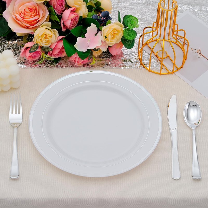 ISFANGCO 50 PCS Silver and White Plastic Plates for 50 Guests,10.25inch Silver Rimmed White Disposable Plastic Plates for Wedding,Party,Birthday,Smooth Edge & Heavy Duty Dinner Plate