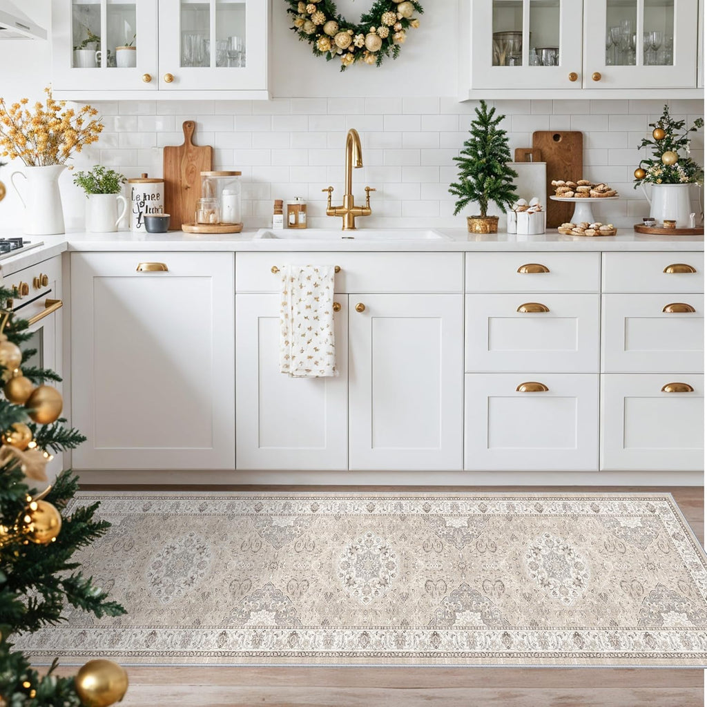 Skiennix Washable 2x8 Hallway Runner Rug - Vintage Water-Resistant, Ultra-Soft, Non-Slip | Beige