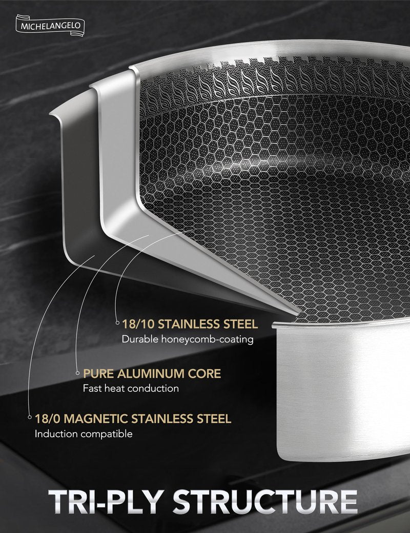 MICHELANGELO Tri-ply Stainless Steel Saute Pan 6 QT, 12.5 Inch Deep Frying Pan with Lid, 18/10 Large Saute Pan with Nonstick Honeycomb Interior, Induction Compatible & Oven Safe