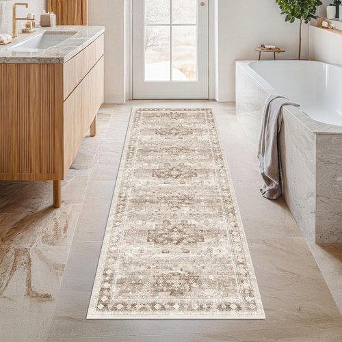 Hazo Haus Boho Long Bathroom Runner Rug - Washable Non-Slip Soft Stain Resistant | 24 x 72 Inches, Beige/Latte Floral Design