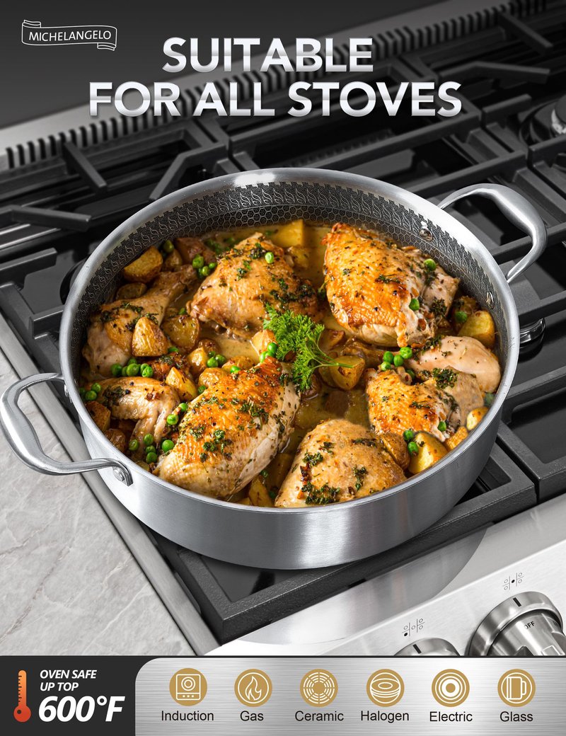 MICHELANGELO Tri-ply Stainless Steel Saute Pan 6 QT, 12.5 Inch Deep Frying Pan with Lid, 18/10 Large Saute Pan with Nonstick Honeycomb Interior, Induction Compatible & Oven Safe