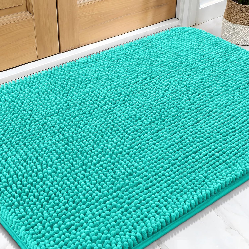 OLANLY Dog Door Mat - Absorbent Non-Slip Chenille Mat for Muddy Paws | 34x21 Inches, Teal Color