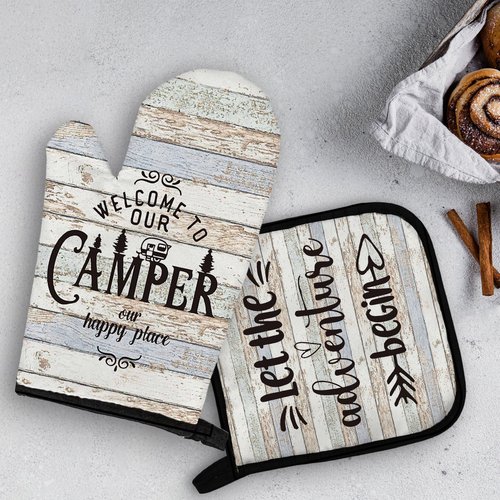 OHSUL Camper Gifts Oven Mitts and Pot Holders Sets, Camping Rv Kitchen Decor Accessories, Happy Camper Rustic Camping Heat Resistant Oven Gloves Hot Pads for Kitchen Cooking Baking BBQ