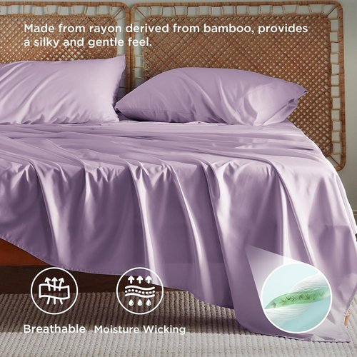 Bedsure Queen Sheet Set - Cooling Rayon from Bamboo | Breathable, Soft, Deep Pocket Up to 16 Inches, Lilac
