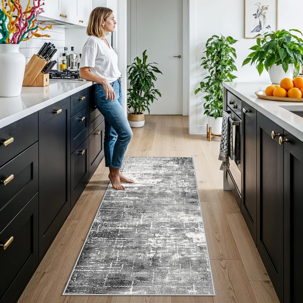 Skiennix Abstract Kitchen Runner Rug - Washable Non-Slip Design | 2x6 Black/Grey Low Pile Carpet for Modern Home Decor
