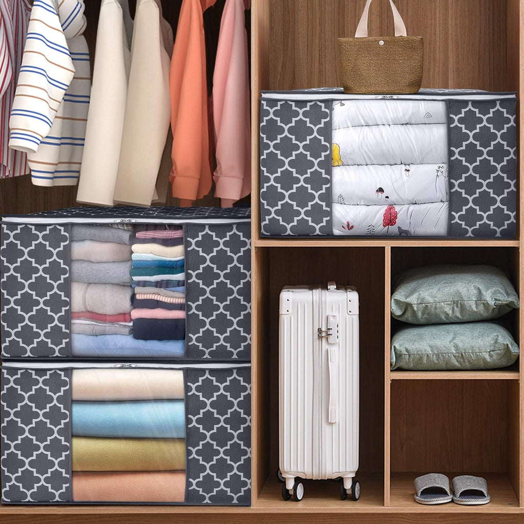 WISELIFE Storage Bags - Large Blanket and Clothes Organizer with Clear Window & Sturdy Zippers | Grey, 3 x 100L