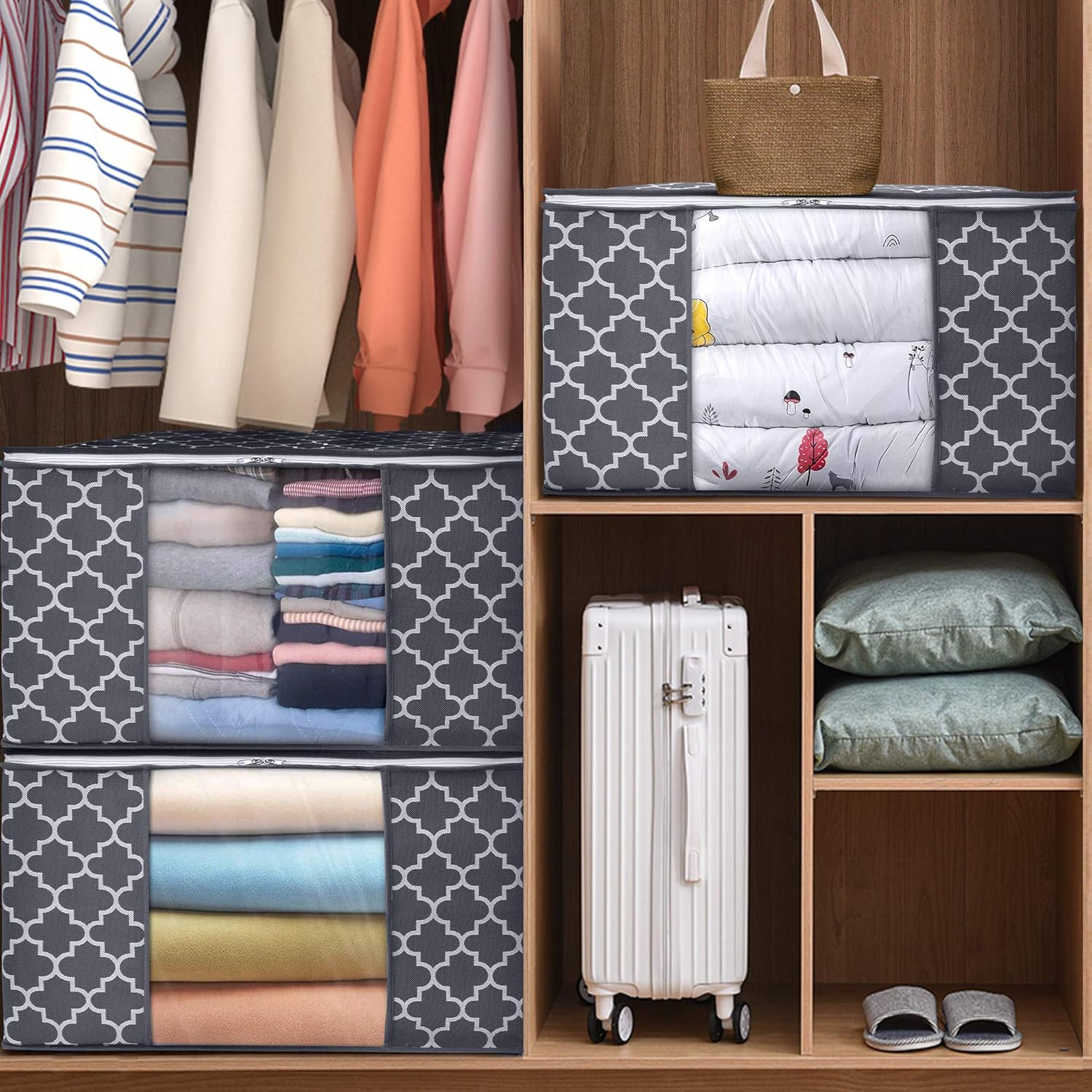 WISELIFE Storage Bags - Large Blanket and Clothes Organizer with Clear Window & Sturdy Zippers | Grey, 3 x 100L