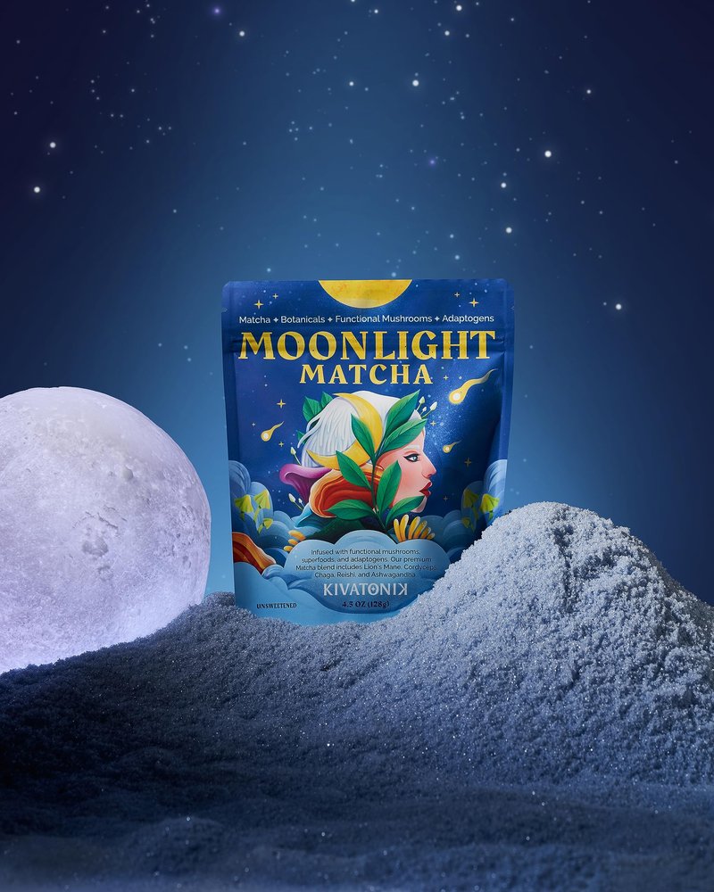 KIVATONIK Moonlight Matcha - Ceremonial Matcha with Organic Functional Mushrooms and Adaptogens - Lion's Mane, Cordyceps, Chaga, Reishi, and Ashwagandha (32 Servings, Lightly Sweetened)