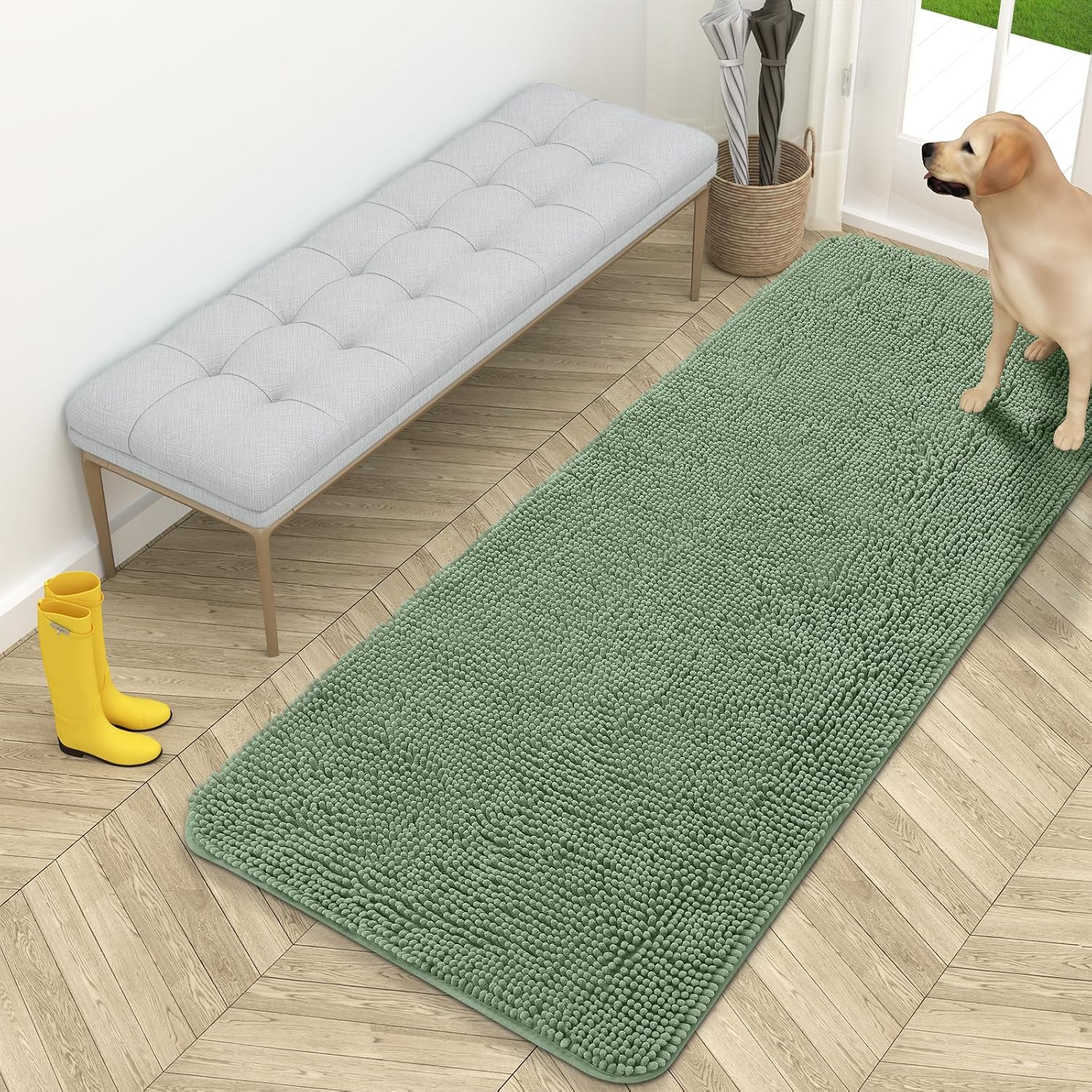 OLANLY Dog Door Mat - Absorbent Non-Slip Washable Doormat for Muddy Paws | 54x24 Inches, Olive Green