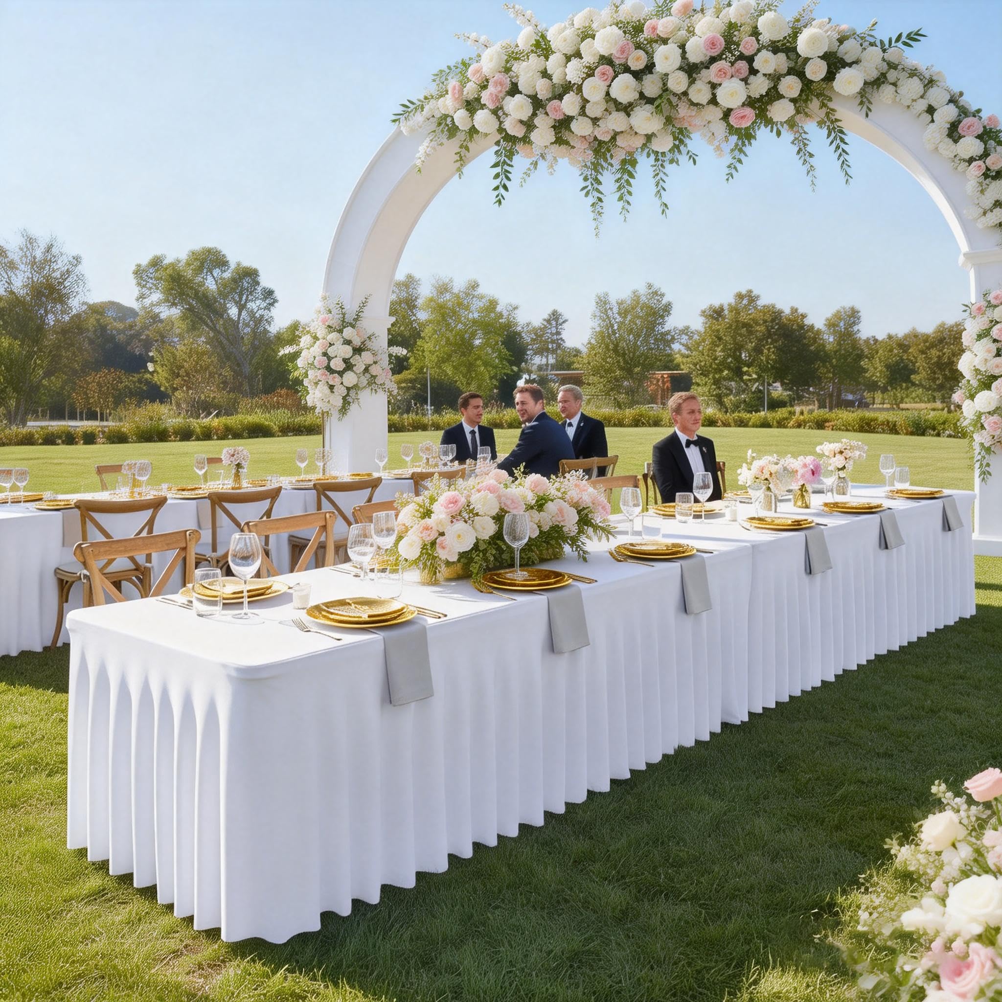 2 Packs White Tableclothes for 8 Foot Rectangle Tables, Wrinkle Resistant Fitted Table Cloth Stretch Spandex Table Covers with Skirt for Event Banquet Wedding Birthday Party