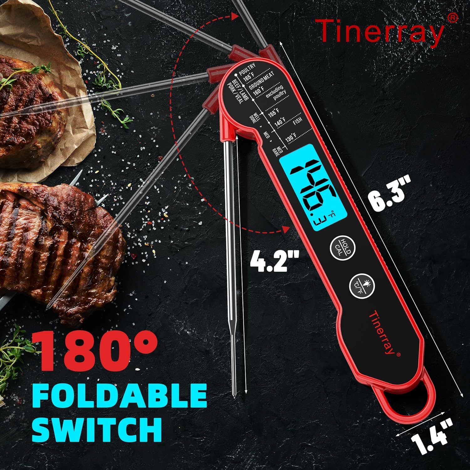 Professional Digital Meat Thermometer - Instant Read Waterproof Folding Probe with Backlight & Calibration | Ideal for BBQ, Grill, Cooking, and Liquids