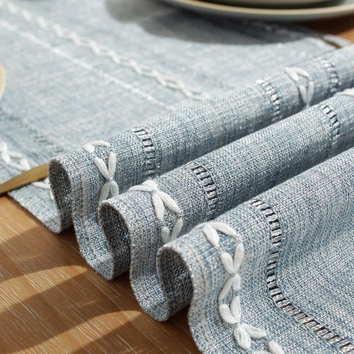 JIALE Table Runner, Rustic Farmhouse Table Runners with Tassels, Boho Cotton Linen Table Runner for Table Decorations, Holiday Party and Wedding, 90 Inches,Blue