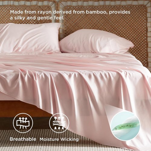 Bedsure Cooling California King Sheet Set - Breathable Rayon from Bamboo, Soft & Silky, Deep Pocket, Pink