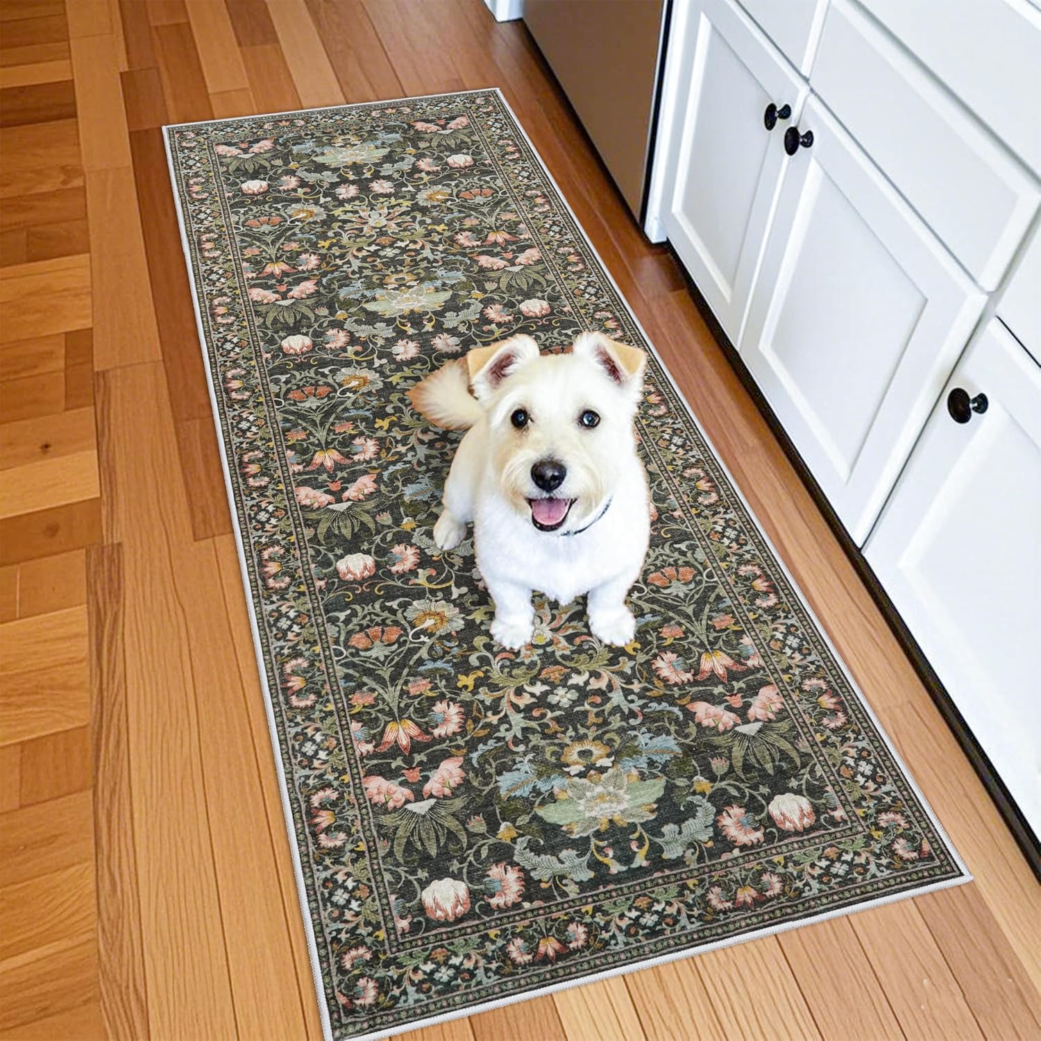 Skiennix Vintage Floral Hallway Runner Rug - Washable, Non-Slip, Water Resistant | 2x6 Green Soft Carpet for Living Room, Bedroom, Bathroom