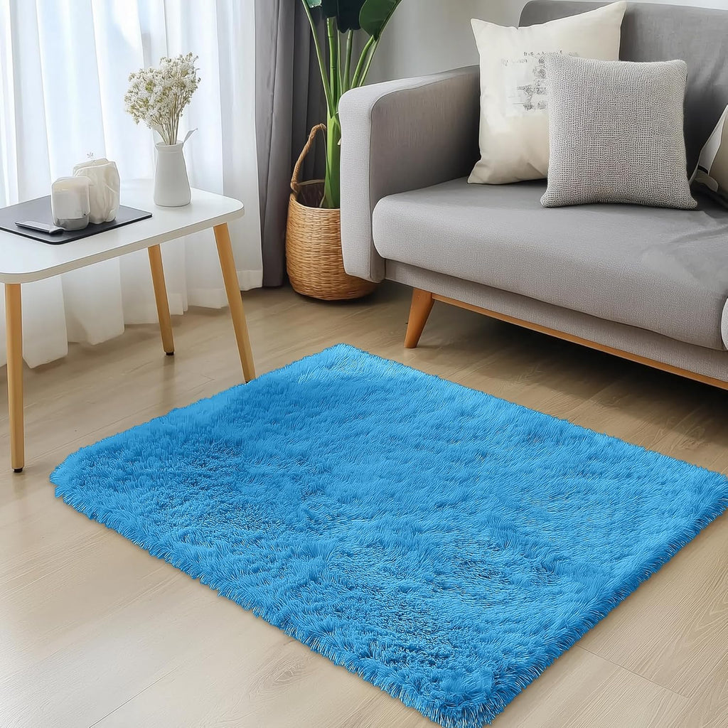 OLANLY Small Bedside Rug - Soft Fluffy Shaggy Throw Rug for Bedroom & Living Room | Bright Blue