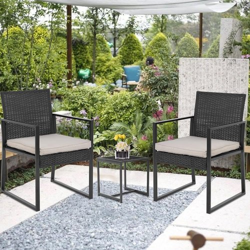 FDW 3-Piece Patio Furniture Set - Modern Outdoor Wicker with Coffee Table | Weather-Resistant Khaki Rattan Chairs for Garden & Lawn