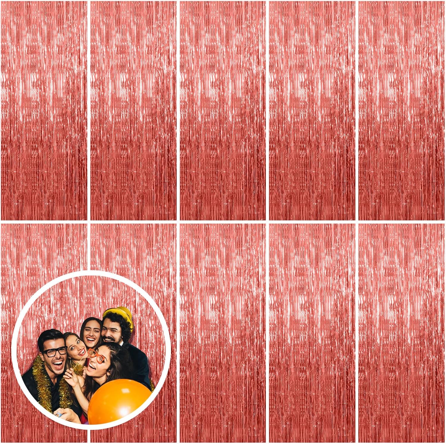 Rose Gold Fringe Curtain Backdrop by [Brand Name] - 10 Pack Metallic Tinsel Streamers for Parties & Events
