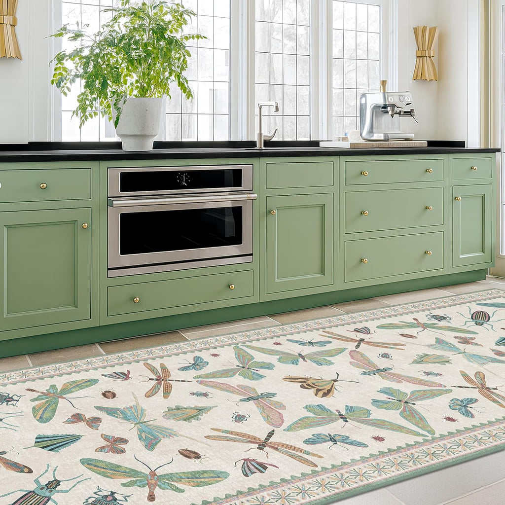 Skiennix Insect Print Hallway Runner Rug - 2'6"x8' Light Green, Washable Non-Slip Design for Indoor Decor