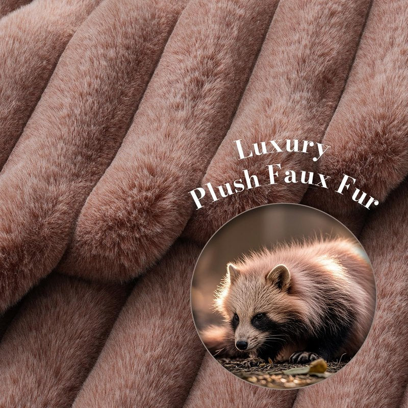 Amélie Home Luxury Striped Faux Fur Throw Blanket for Couch, Soft Cozy Fuzzy Fluffy Soft Plush Blankets Sofa Chair Gift Blankets for Women, 55"x70", Beige