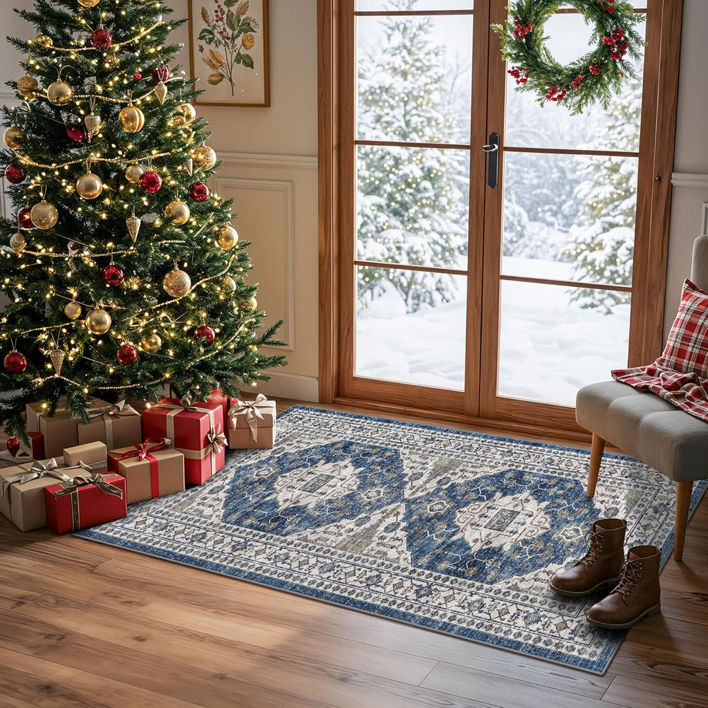 Skiennix Non-Slip Entryway Rug - Washable Stain Resistant Kitchen Doormat | Vintage Blue 2x4 Soft Carpet