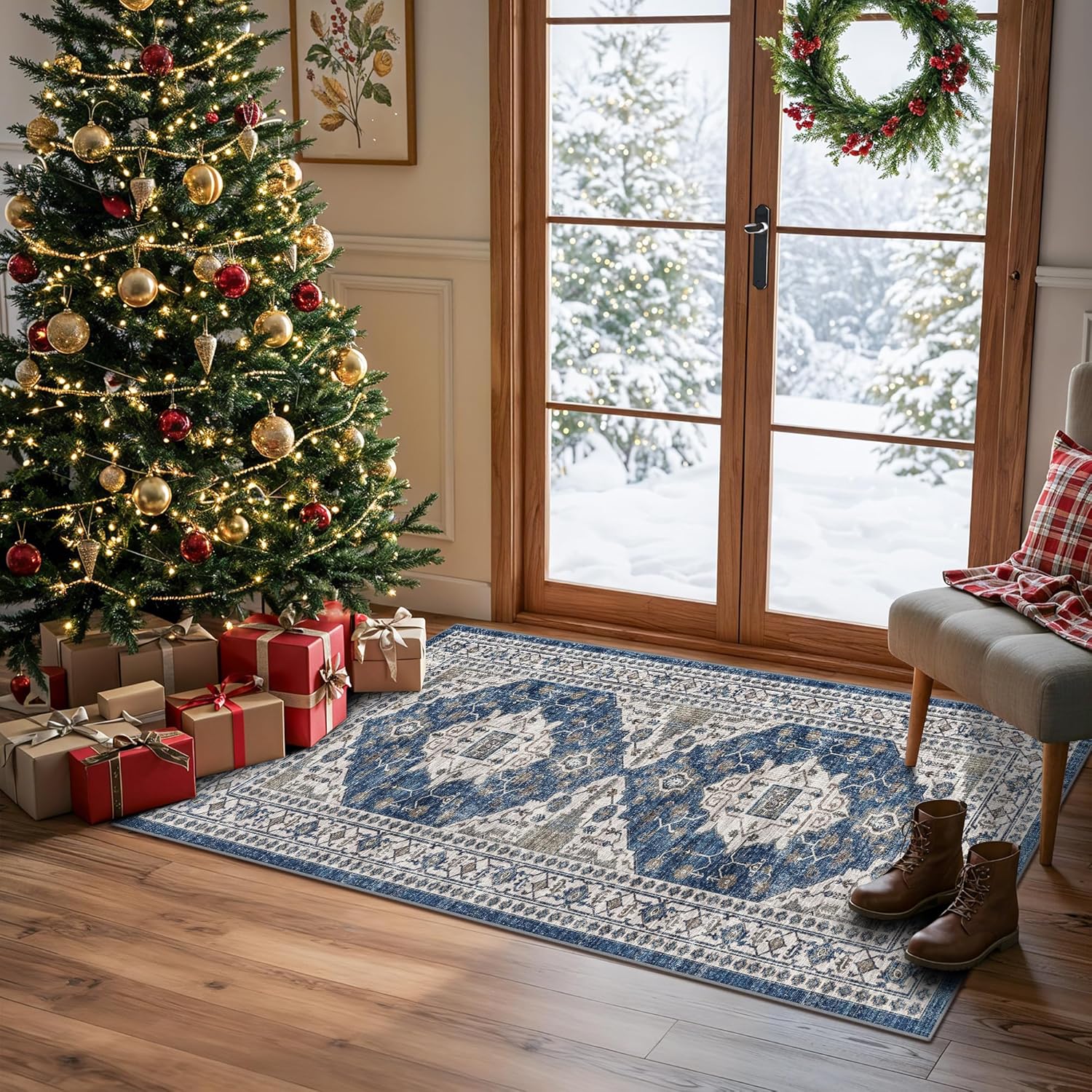 Skiennix Non-Slip Entryway Rug - Washable Stain Resistant Kitchen Doormat | Vintage Blue 2x4 Soft Carpet