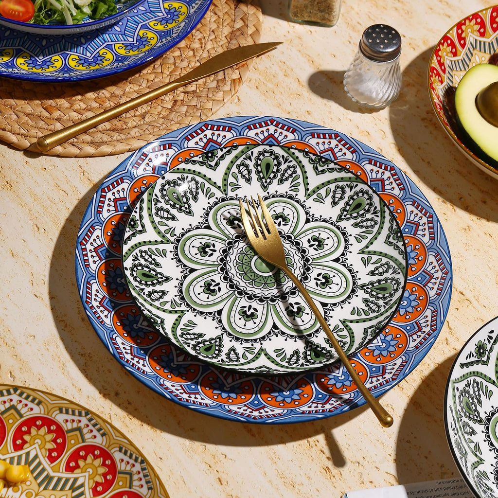 Ceramic Dinnerware 12 Pieces Dinner Set,Plates Pasta Bowls Cereal Bowls Reactive Change Glaze Dish Sets, Modern Stoneware Dishe Bohemian colors (Bohemia)