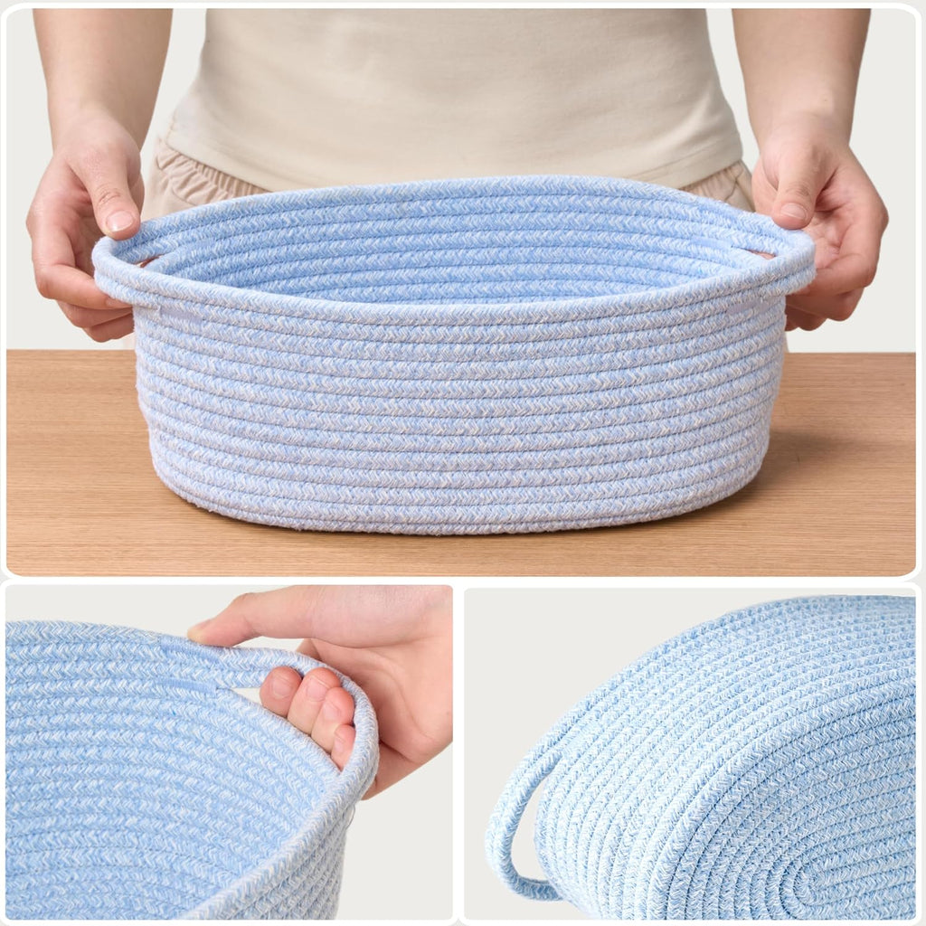 Small Woven Easter Basket by [Brand Name] - Decorative Rope Storage Organizer | Gift Bag & Ribbon Included, 12"x8"x5", Blue