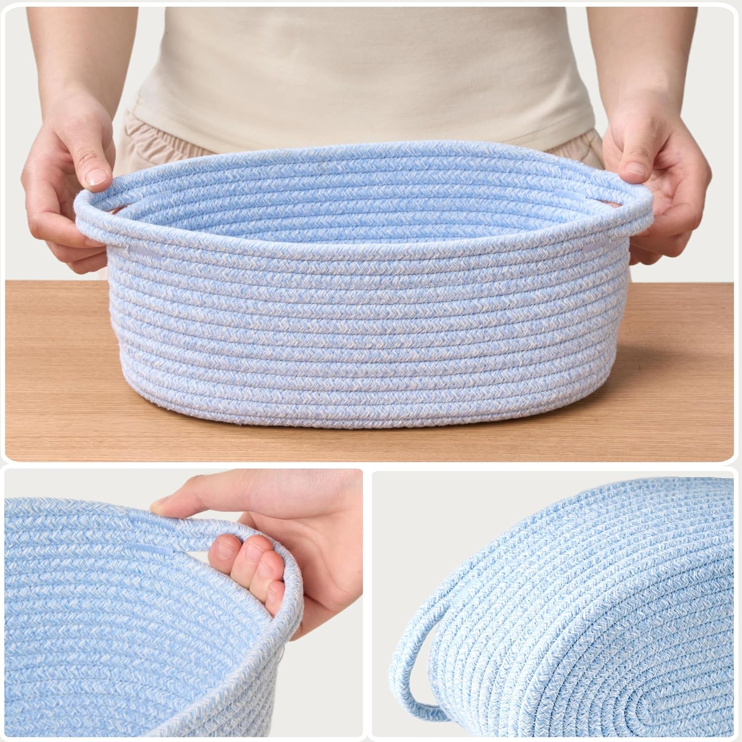 Small Woven Easter Basket by [Brand Name] - Decorative Rope Storage Organizer | Gift Bag & Ribbon Included, 12"x8"x5", Blue