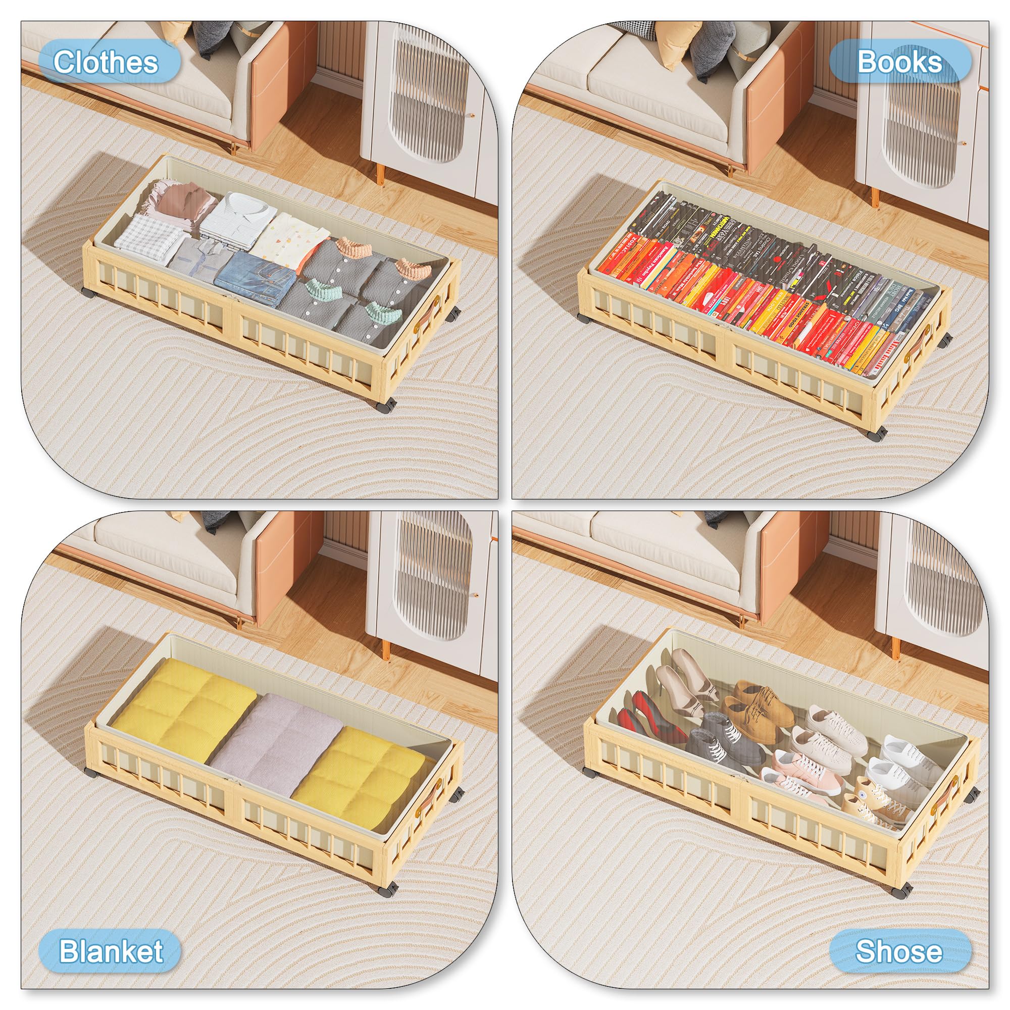 efluky 2-Pack Bamboo Under Bed Storage with Wheels, Rolling UnderBed Storage Basket with Large Dust Bag, Under Bed Storage Containers for Bedroom, Dorm and Basement, Nature