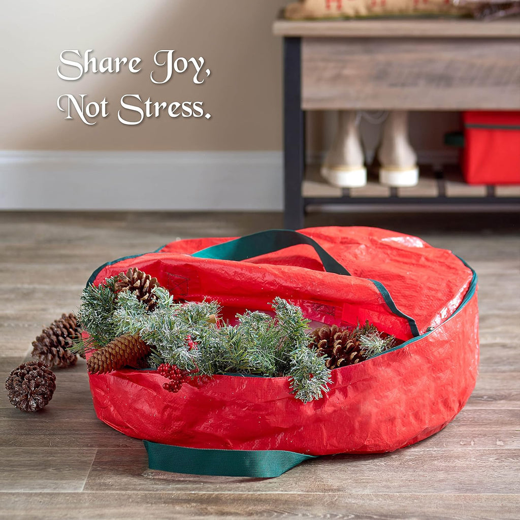 ZOBER Wreath Storage Bag - 36 Inch Durable Container for Artificial Wreaths - Red with Dual Zippers