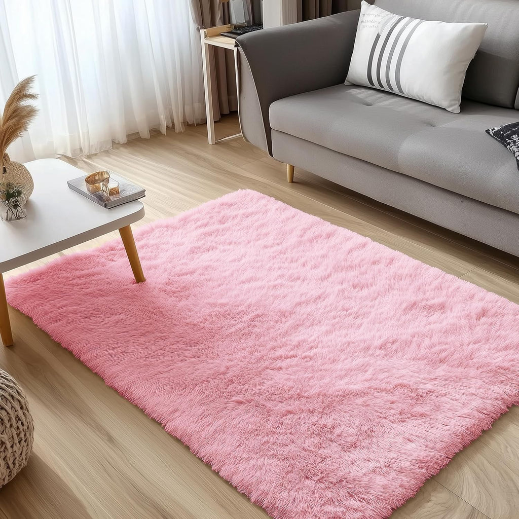 OLANLY Soft Fluffy Shaggy Bedside Rug - 3x5 Machine Washable Indoor Carpet for Kids & Nursery | Pink