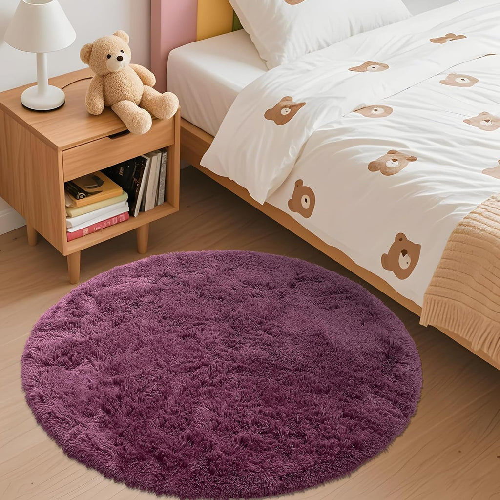 OLANLY Round Burgundy Area Rug - Soft, Fluffy, Machine Washable 3 ft Circle Carpet for Bedroom & Living Room