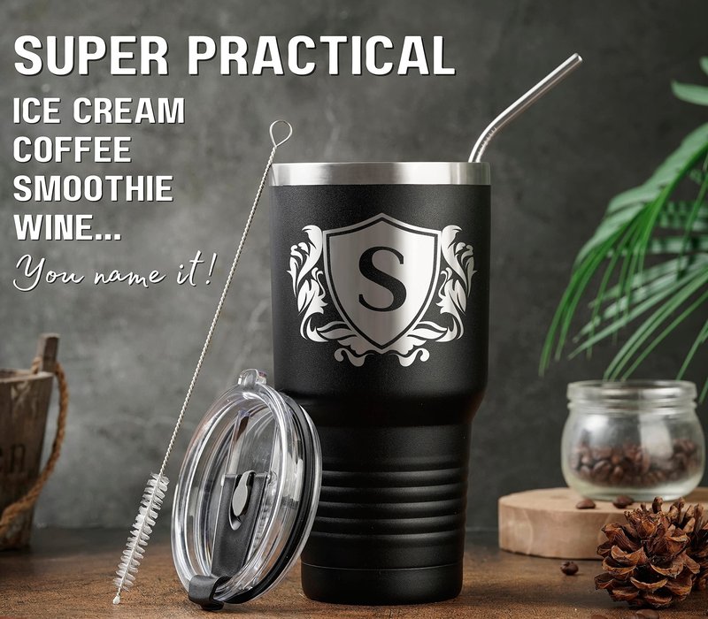 Onebttl Personalized Gifts for Men with Initials, Monogrammed Travel Tumbler for Him, Custom Coffee Cups, Unique Birthday Christmas Gifts for Men who Have Everything, Black, 30oz, E