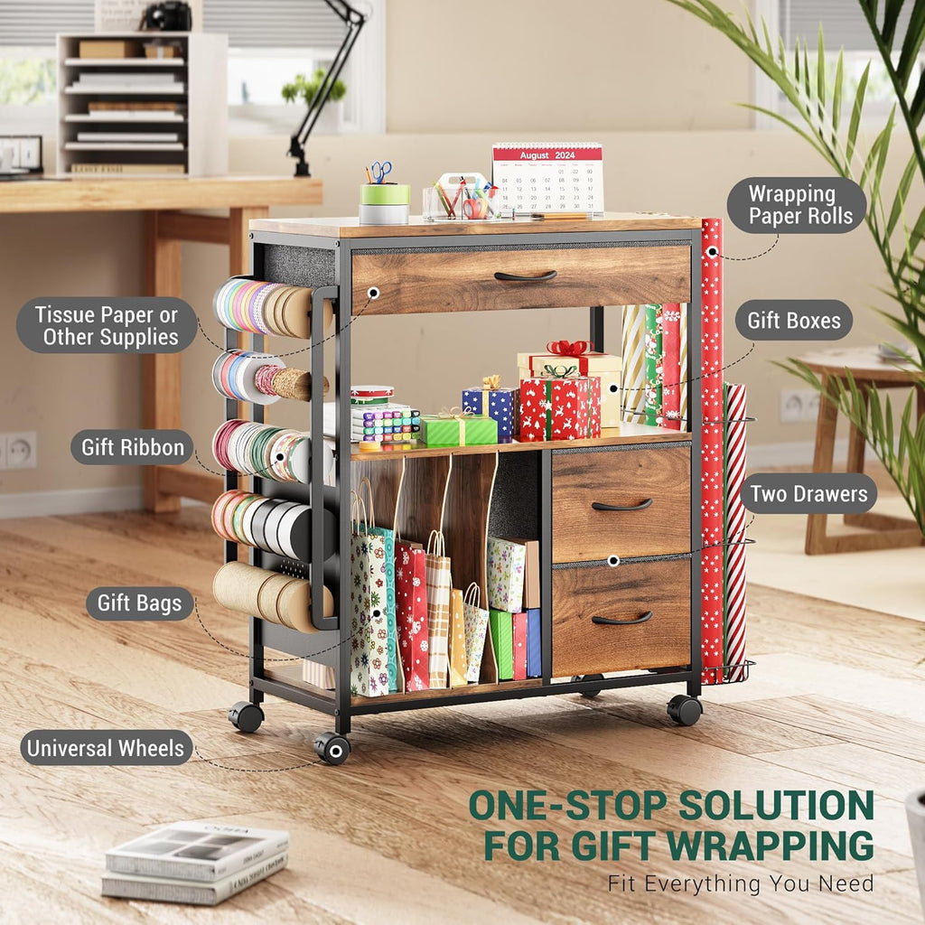 PUNLUXU Wrapping Paper Storage Cart - Rolling Gift Wrap Organizer with Ribbon & Gift Bag Holder | Perfect for Crafts & Christmas