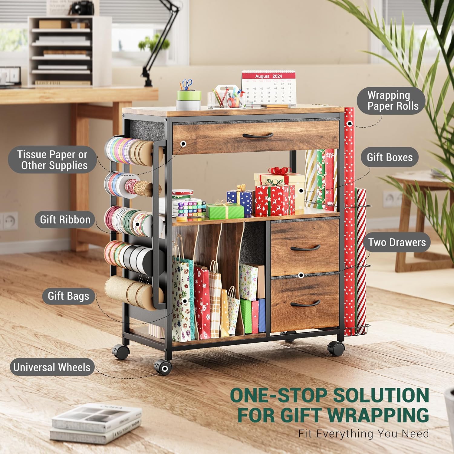 PUNLUXU Wrapping Paper Storage Cart - Rolling Gift Wrap Organizer with Ribbon & Gift Bag Holder | Perfect for Crafts & Christmas