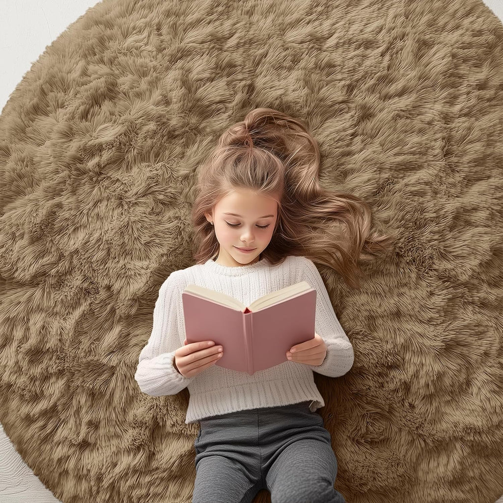 OLANLY Taupe Round Area Rug - Soft, Fluffy, Machine Washable 5 ft Circle Carpet for Bedroom & Living Room Decor