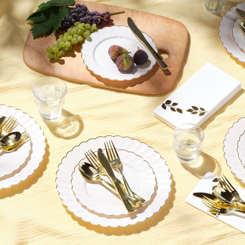 By Madee HEAVYWEIGHT 100 Pc Ivory and Gold Scalloped Disposable Plates for Party | 50 Dinner & 50 Dessert Heavy Duty Pastic Plates | Elegant and Fancy (50 Guests)